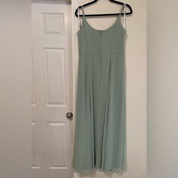 David’s bridal dusty sage cowl neck chiffon dress with slit - Picture 2 of 6